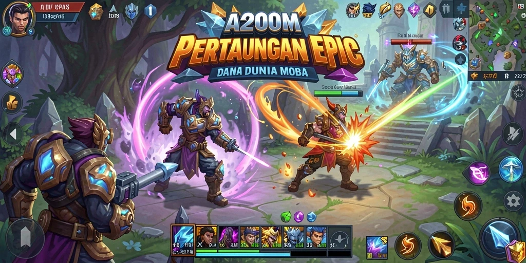 Tampilan layar utama A200M dengan aksi MOBA yang mendebarkan.