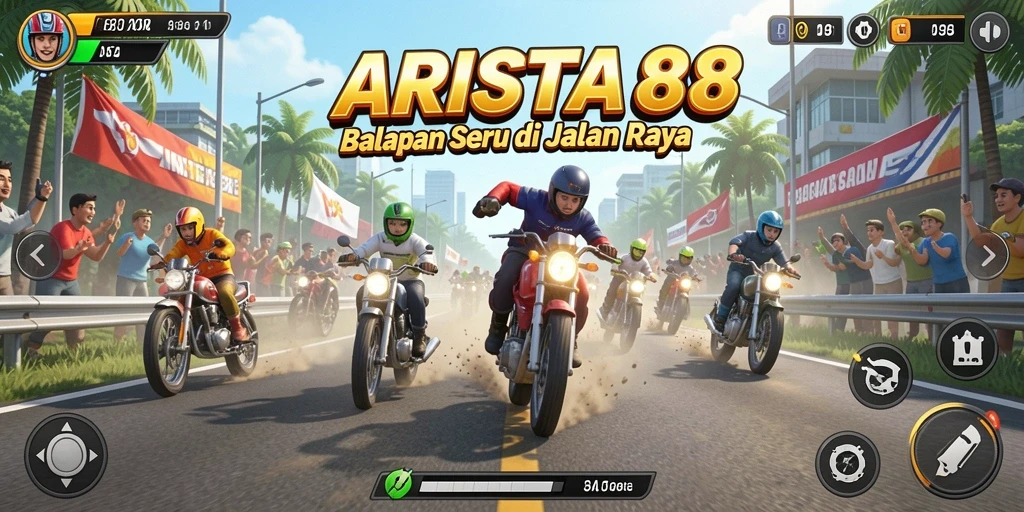 Tangkapan layar gameplay ARISTA88 menampilkan aksi balapan yang menegangkan di jalan raya.