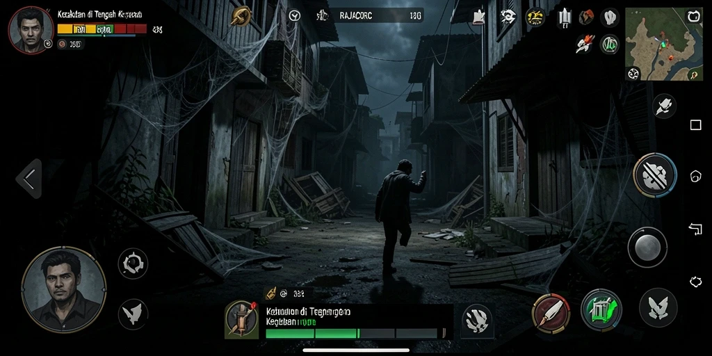 Tampilan gameplay RAJACORC yang menakutkan dan atmosferik.