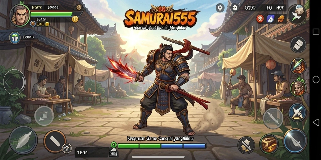Tangkapan layar permainan <strong>SAMURAI555</strong> dengan karakter samurai yang beraksi.